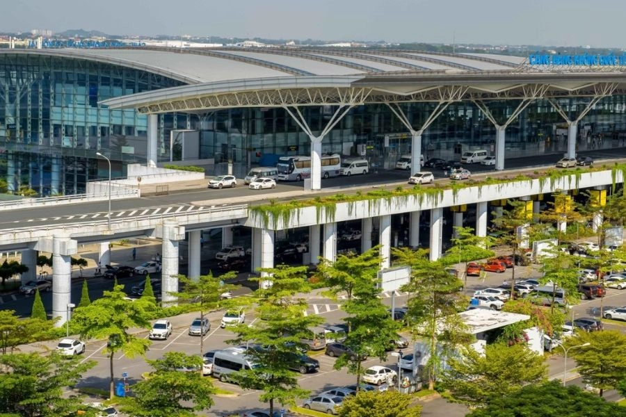 A distant view of noi bai international airport vietnam​ with a peaceful landscape in harmony with nature.