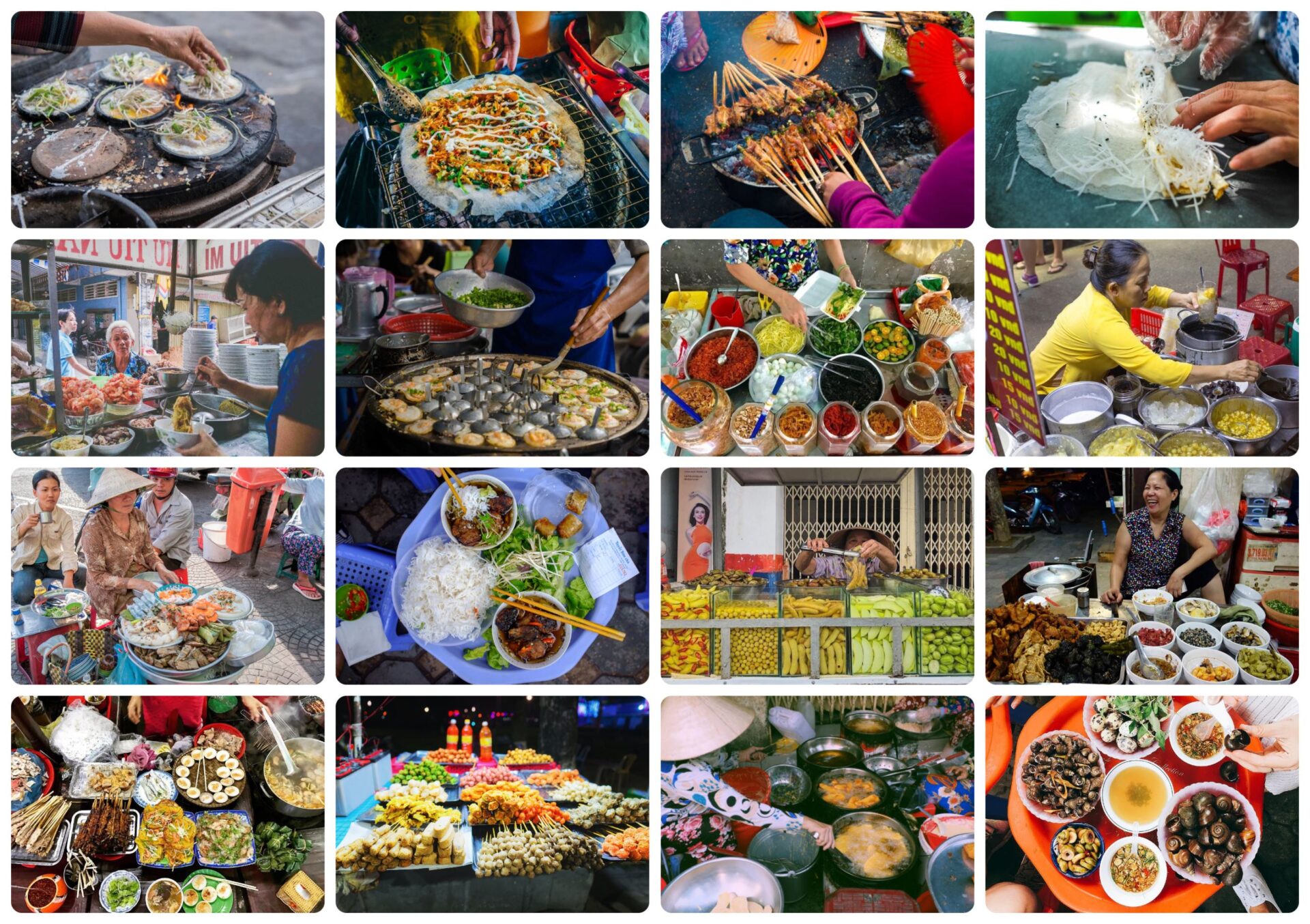 A vibrant collage of local vendors and delicious dishes on a street food tour, one of the best things to do Vietnam