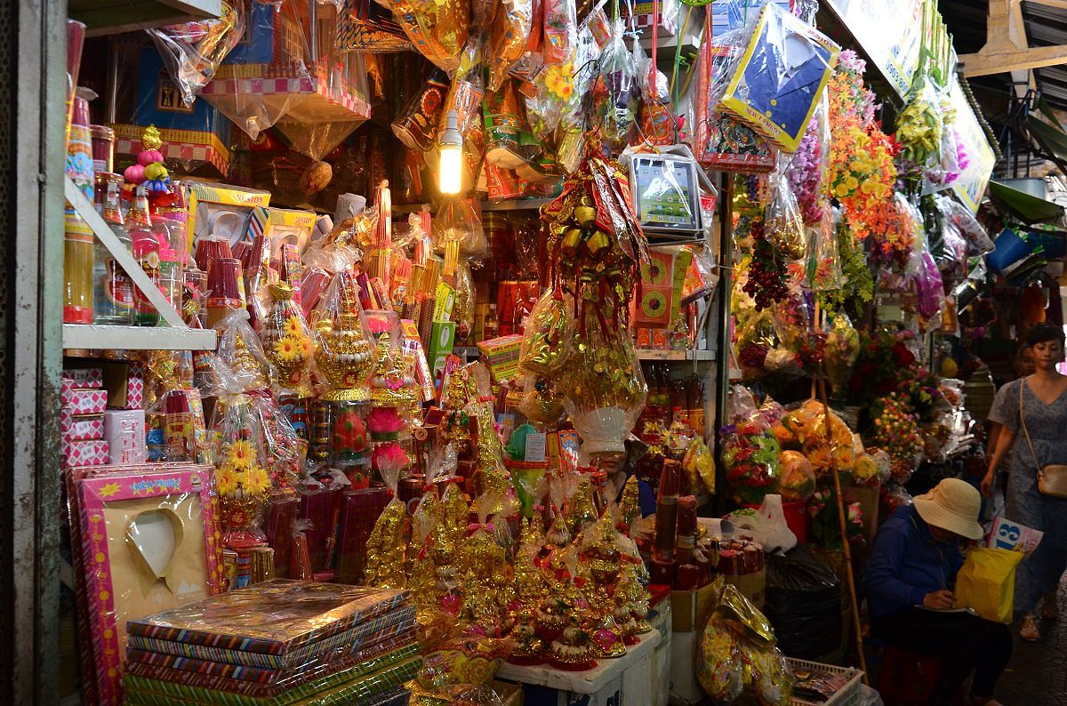 Colorful local market stall showcasing daily life and culture in Vietnam