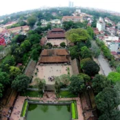 A panoramic view of the Van Mieu National Temple complex from above.