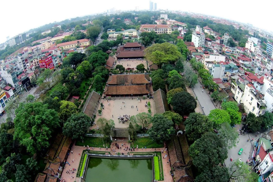 A panoramic view of the Van Mieu National Temple complex from above.